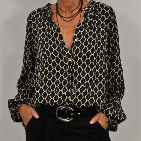 Damen Elegante Satinbluse Geometrischer Druck Langarm V-Ausschnitt Top Stilvolle Patchwork Office Lady Pullover Top