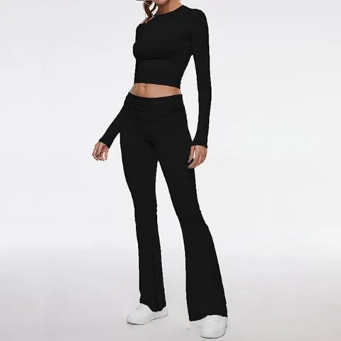 Women's Casual Polyester Spandex Two Piece Set Round Neck Crop Top And High Waist Flared Pants Slim Fit Sporty Outfit