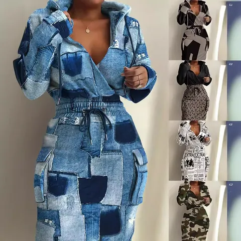 Women Hooded Patterned Midi Dress Drawstring Waist With Cargo Pockets Long Sleeve Newspaper Camouflage Geometric Print Dress
