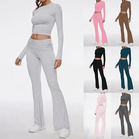 Women's Casual Polyester Spandex Two Piece Set Round Neck Crop Top And High Waist Flared Pants Slim Fit Sporty Outfit