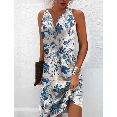 Ärmelloses Damenkleid Mit V-Ausschnitt Und Blumendruck Lässig Vintage A-Linie Sommer Strand Party Sonnenkleid