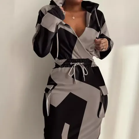 Women Hooded Patterned Midi Dress Drawstring Waist With Cargo Pockets Long Sleeve Newspaper Camouflage Geometric Print Dress