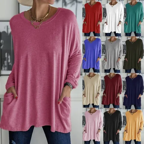 Maglietta da Donna Casual Vestibilità Larga Manica Lunga Tinta Unita Girocollo Top con Tasche Comodo Poliestere Moda Abbigliamento