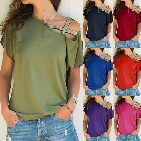 Damen Casual Off Shoulder T-Shirt Sexy Irregulär Asymmetrisches Top Mit Goldener Pailletten Kreuzstraps Kurzarm Einfarbig Sommer Mode Top