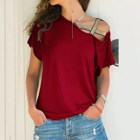 Damen Casual Off Shoulder T-Shirt Sexy Irregulär Asymmetrisches Top Mit Goldener Pailletten Kreuzstraps Kurzarm Einfarbig Sommer Mode Top