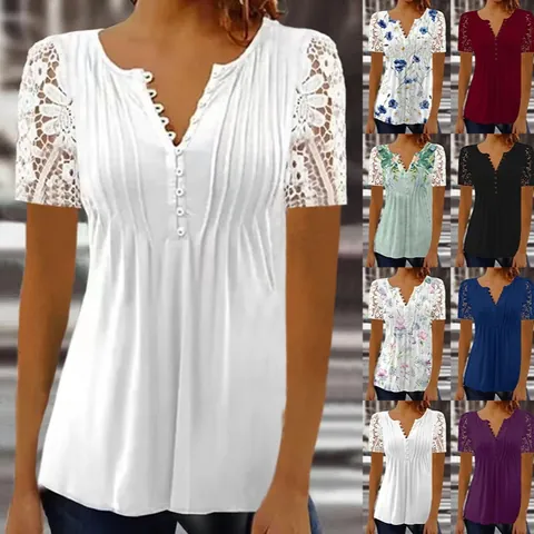 Women's V-Neck Pleated Polyester T-Shirt With Lace Flare Sleeves And Buttons Casual Short Sleeve Top Floral Printed Summer Shirt