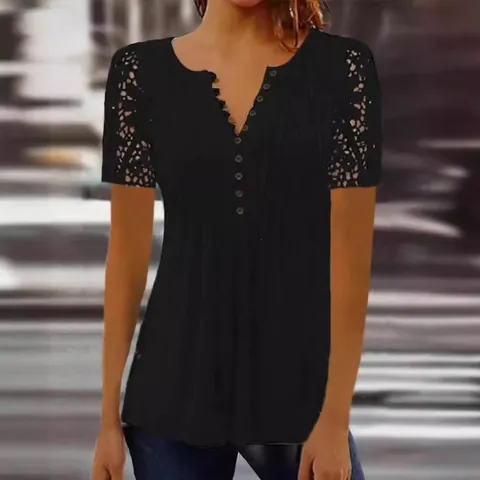 Women's V-Neck Pleated Polyester T-Shirt With Lace Flare Sleeves And Buttons Casual Short Sleeve Top Floral Printed Summer Shirt