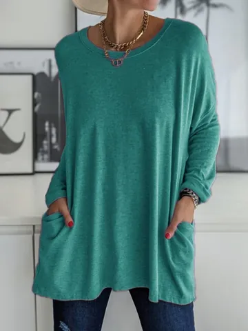 Maglietta da Donna Casual Vestibilità Larga Manica Lunga Tinta Unita Girocollo Top con Tasche Comodo Poliestere Moda Abbigliamento