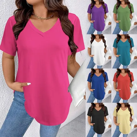Dames Zomer Casual Effen Kleur V-Hals Korte Mouw T-Shirt Ruime Pasvorm Grote Maten Basic Tee Top Met Gebogen Zoom