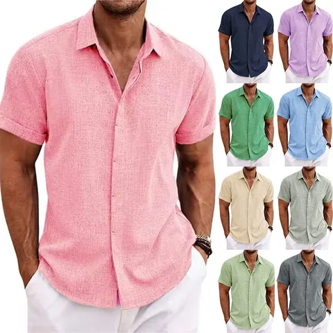 Men's Casual Cotton Blend Linen Texture Short Sleeve Shirt Loose Fit Lapel Button Down Summer Beach Top Comfortable Breathable Shirt