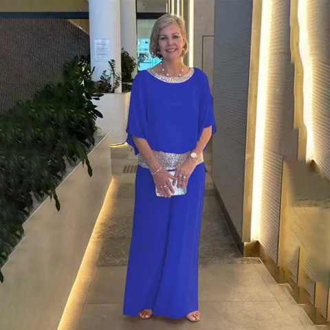 Women's Elegant Chiffon Two Piece Set Solid Color Batwing Sleeve Top And Wide Leg Pants With Sequin Embellishment Casual Party Suit