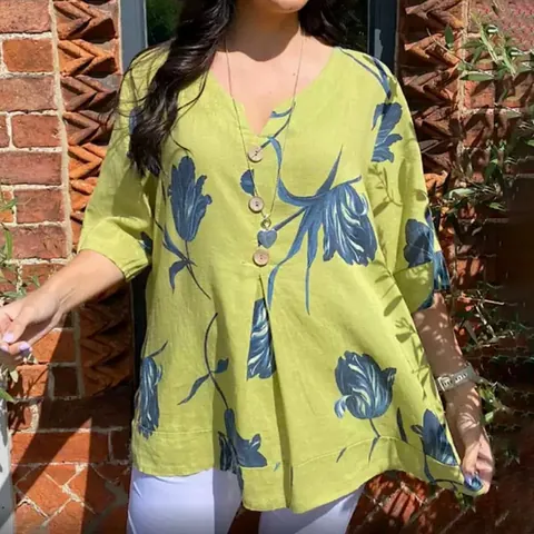 Blouse Femme Décontractée en Lin Polyester Col en V Imprimé Floral Manches Courtes Vintage Tulipe Pull Chemise Été