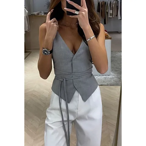 Women's Sleeveless V-Neck Lace-up Vest Top Casual Solid Color Adjustable Waistcoat Summer Vacation Fashion Top