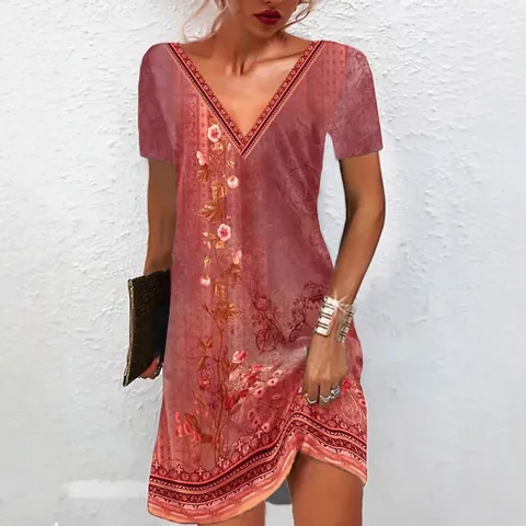 Women V Neck Short Sleeve Midi Dress Ethnic Floral Print Casual Loose Fit A-Line Dress Boho Style Summer Beach Sundress