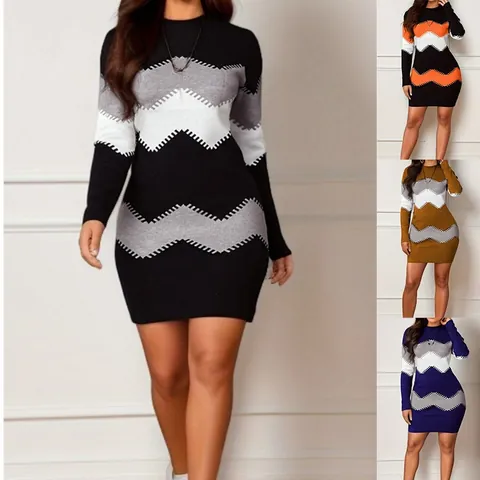 Women's Round Neck Long Sleeve Chevron Printed Knit Bodycon Mini Dress Casual Slim Fit Winter Sweater Dress