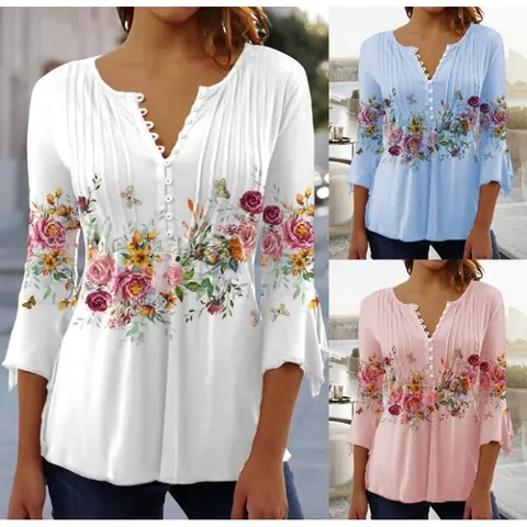 Women V Neck Floral Print Top Casual Short Sleeve Button Pleated T-Shirt Polyester Ruffle Cuff Fashion Blouse For Summer