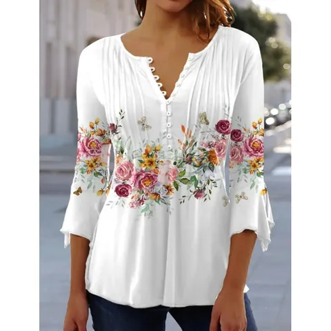 Women V Neck Floral Print Top Casual Short Sleeve Button Pleated T-Shirt Polyester Ruffle Cuff Fashion Blouse For Summer