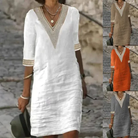 Women's Casual Cotton V-Neck Half Sleeve Midi Dress With Hollow Lace Trim Solid Color Slim Fit Pullover Vacation Beachwear