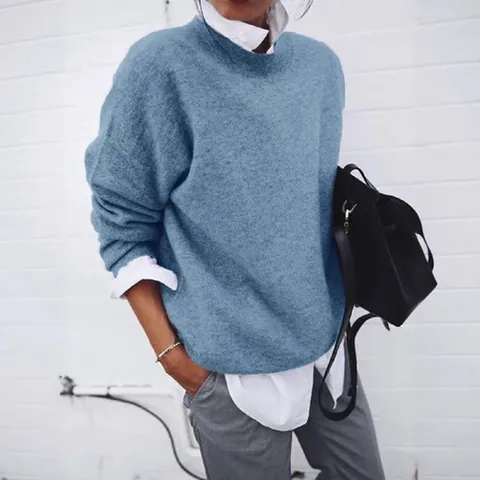 Suéter Casual de Mezcla de Algodón para Mujer Falso Dos Piezas Top de Punto de Manga Larga Holgado Con Cuello de Camisa Sudadera Patchwork