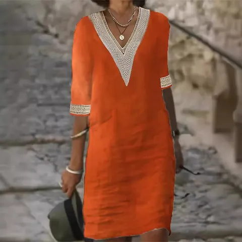 Women's Casual Cotton V-Neck Half Sleeve Midi Dress With Hollow Lace Trim Solid Color Slim Fit Pullover Vacation Beachwear