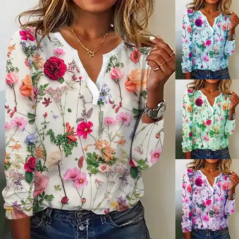 Γυναικείο Κομψό Floral Τυπωτό T-Shirt με Λαιμόκοψη V Μακρυμάνικο Πολυεστέρα Oversized Casual Top για Διακοπές