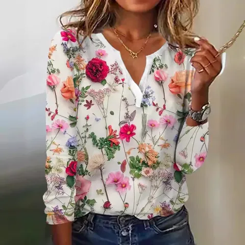 Γυναικείο Κομψό Floral Τυπωτό T-Shirt με Λαιμόκοψη V Μακρυμάνικο Πολυεστέρα Oversized Casual Top για Διακοπές