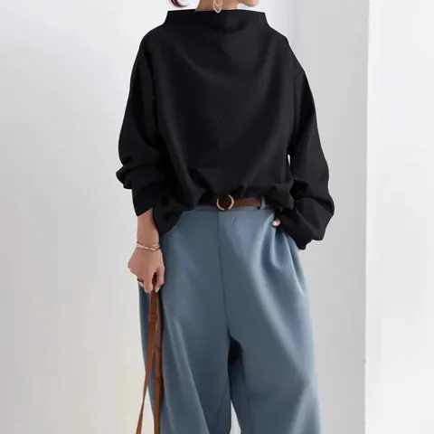 Women Casual Loose Funnel Neck Sweatshirt Long Sleeve Solid Color Pullover Top Soft Base Layer T-Shirt For Daily Streetwear