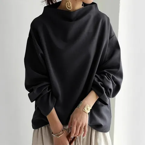 Women Casual Loose Funnel Neck Sweatshirt Long Sleeve Solid Color Pullover Top Soft Base Layer T-Shirt For Daily Streetwear
