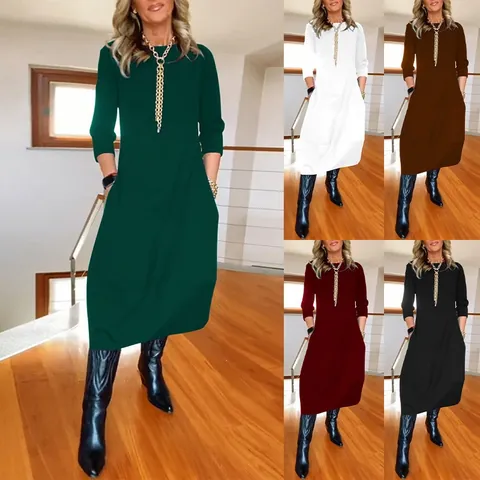 Women's Casual Loose Solid Color Crew Neck Long Sleeve Maxi Dress With Pockets Autumn Winter Polyester Commuter Dress