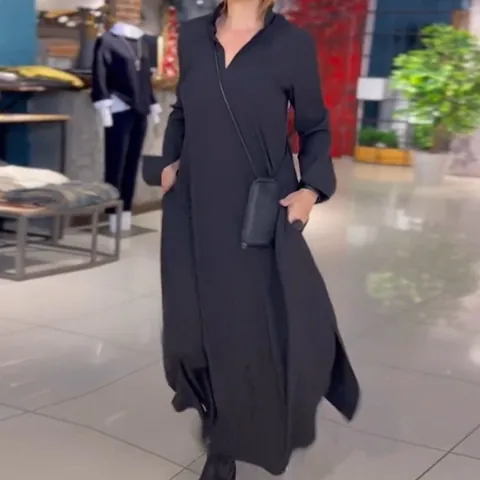 Casual V-Neck Long Sleeve Maxi Dress For Women Polyester Spandex Solid Color Side Split Dress With Pockets Daily Comfort