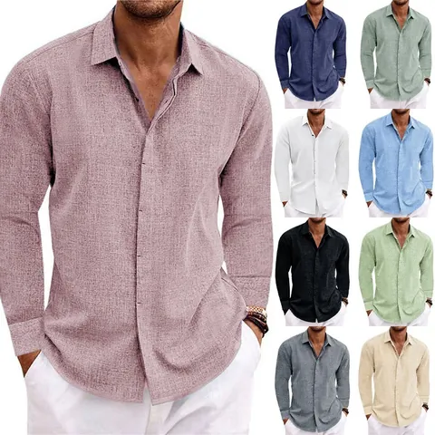 Camisa de Manga Larga de Color Sólido Retro Americano para Hombre Top de Poliéster con Aspecto de Lino Ajuste Holgado Diario