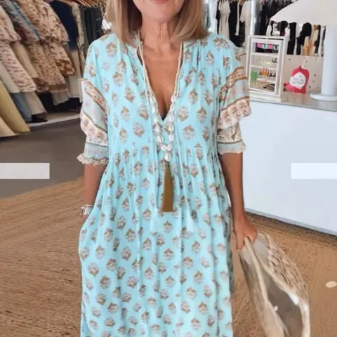 Robe Longue Bohème Imprimée Col en V Polyester Manches Lanternes Taille Haute Coupe Trapèze pour Vacances d'Été Plage