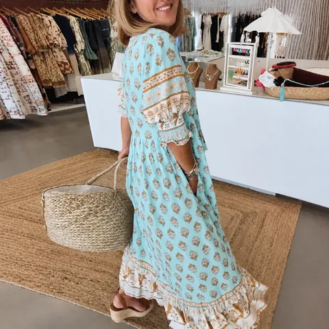 Robe Longue Bohème Imprimée Col en V Polyester Manches Lanternes Taille Haute Coupe Trapèze pour Vacances d'Été Plage