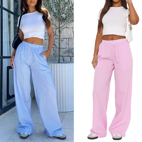 Women Casual Striped Wide-Leg Pants High Waist Loose Streetwear Trousers Fashion Striped Bottoms Comfortable Polyester Pants