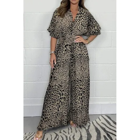 Women's Casual Leopard Print Jumpsuit V-Neck Ruffle Sleeve Wide Leg Viscose Top And Bottom Fashion Elegant Jumpsuits