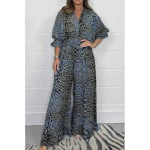 Women's Casual Leopard Print Jumpsuit V-Neck Ruffle Sleeve Wide Leg Viscose Top And Bottom Fashion Elegant Jumpsuits