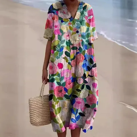 Women V-Neck Short Sleeve Floral Print Maxi Dress Loose Fit Bohemian Vacation Style Polyester Long Summer Sun Dress