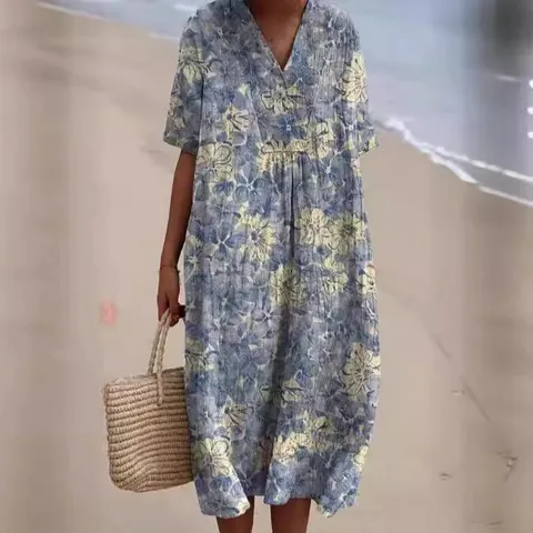 Women V-Neck Short Sleeve Floral Print Maxi Dress Loose Fit Bohemian Vacation Style Polyester Long Summer Sun Dress