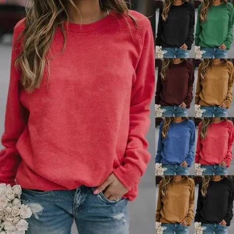 Women's Casual Long Sleeve Crew Neck Polyester T-Shirt Brushed Solid Color Loose Fit Pullover Top