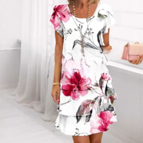 Women's Elegant 3D Floral Print Chiffon Dress Casual Round Neck Short Sleeve Tiered Ruffle Layered Cake Midi Dress For Summer Party