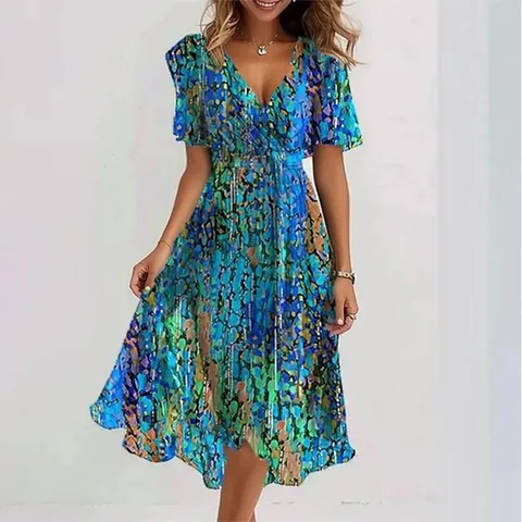 Women Casual V Neck Floral Printed Midi Dress Polyester Short Sleeve A-Line Vacation Dress Elegant Streetwear Summer Sundress