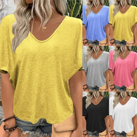 Women Casual Loose Pleated T-Shirt V Neck Short Sleeve Cotton Blend Candy Color Summer Top Tee For Daily Wear