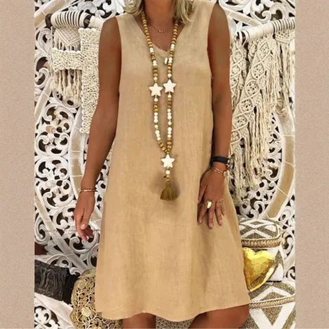 Robe d'Été en Coton sans Manches Col en V pour Femmes Décontractée Coupe en A Patchwork Couleur Unie Midi Haut et Bas
