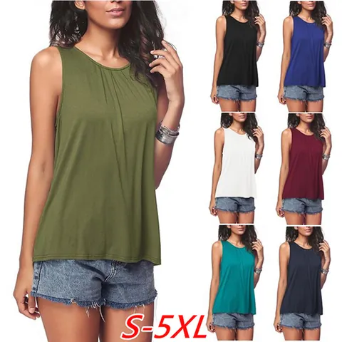 Women's Casual Cotton Sleeveless Round Neck Top Loose Pleated Summer Tank Top