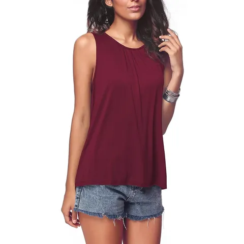 Women's Casual Cotton Sleeveless Round Neck Top Loose Pleated Summer Tank Top