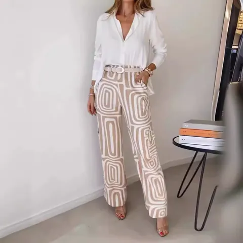 Dames Top And Bottom Elegant Woon-Werkverkeer Outfit Digitale Geometrische Print Overhemd En Wijde Broek Zomer Mode
