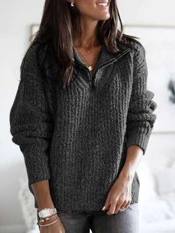 Damen Casual Baumwollmischung Viertelreißverschluss Pullover Langarm Lockerer Strickpullover Sweatshirt Top Herbst Winter Außenbekleidung