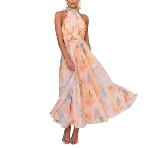 Vestido Maxi de Color Dopamina Estilo Francés para Mujer Vacaciones en la Playa Floral de Pintura al Óleo Cuello Halter Ajuste Entallado