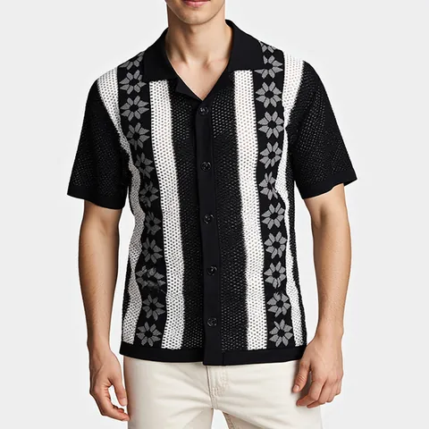 Men's Polyester Hollow Out Knit Polo Shirt Breathable 3D Jacquard Stripe Floral Pattern Short Sleeve Button Down Casual Summer Top