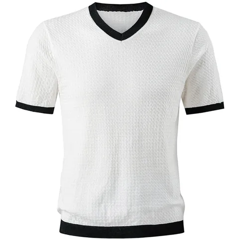 Men Summer Trendy Hollow Knit Sweater V-Neck Short Sleeve Color Block Viscose Pullover Casual Lightweight Knitwear Top Men